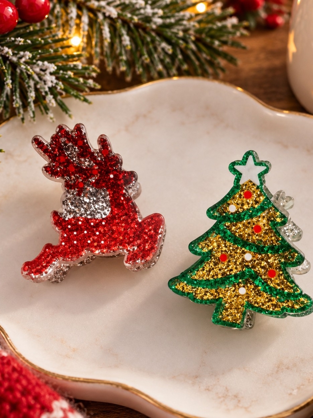 Christmas Mini Glitter Hair Clips - Red Reindeer & Green Christmas Tree New